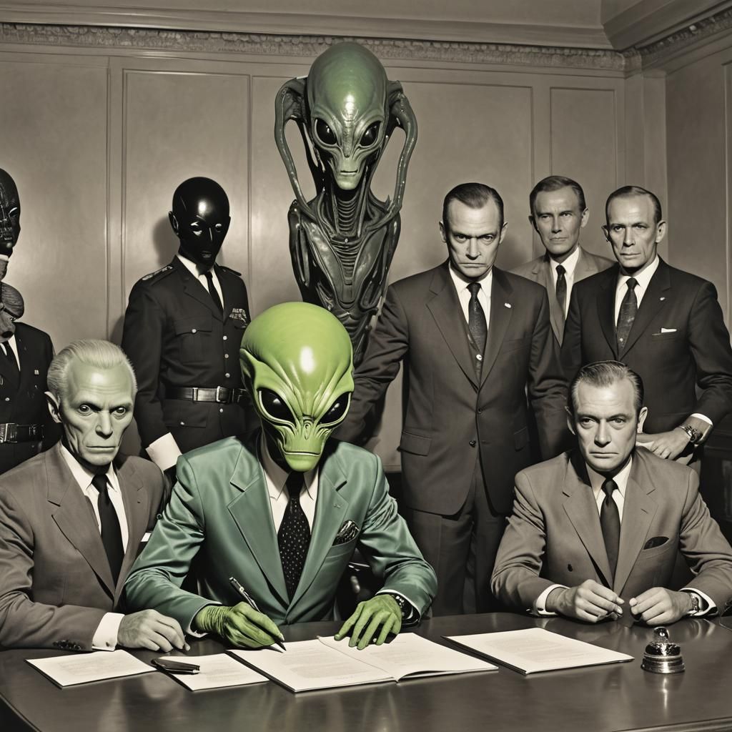 Alien Ambassador Signs Treaty at Round Table