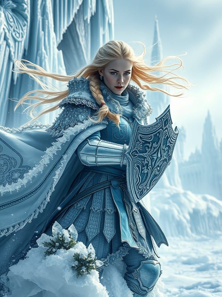 Winter Knight in Icy Blue Armor Stands Before Majestic Ice C...
