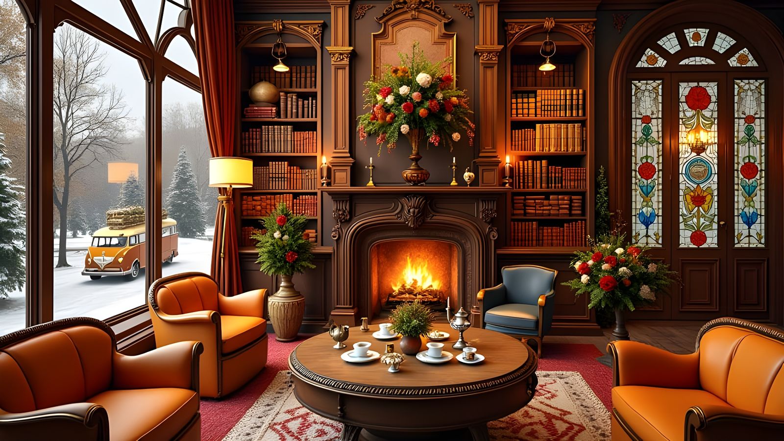 Luxurious Winter Library with Cozy Afternoon Tea