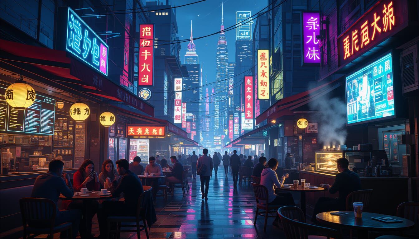 Futuristic City Cafe at Twilight