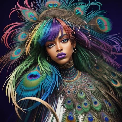 Abstract Portrait: Woman with Rainbow Peacock Feathers