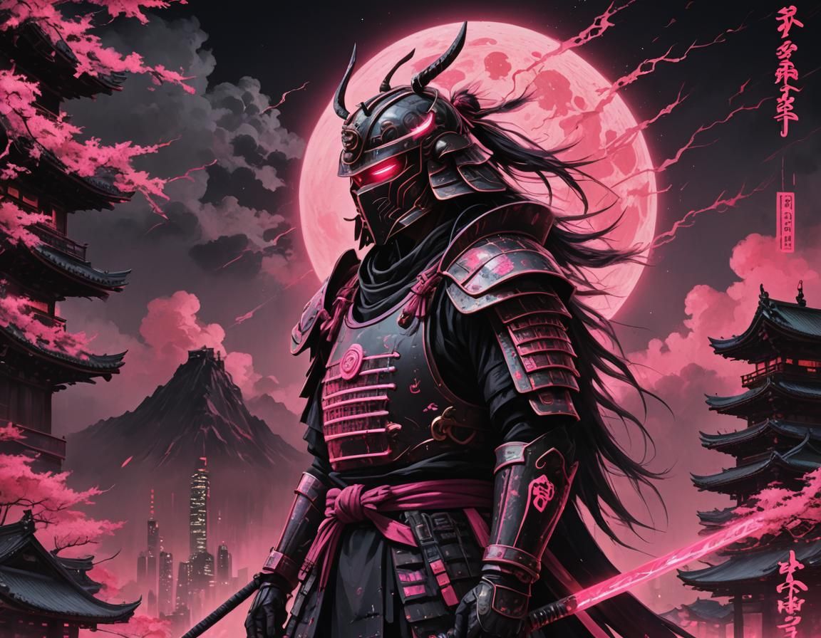 Cyberpunk Feudal Japan: Neon Kanji Moonscape
