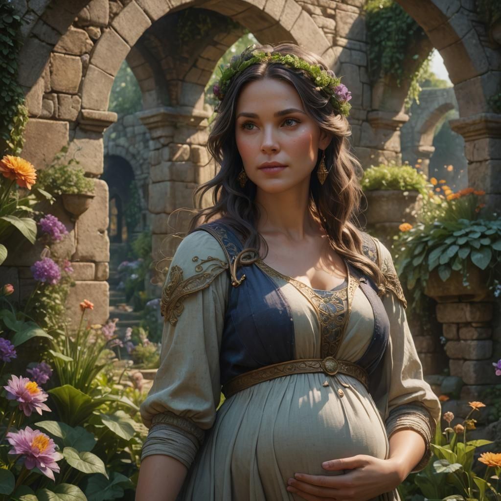 Fantasy Garden Scene with Pregnant Woman