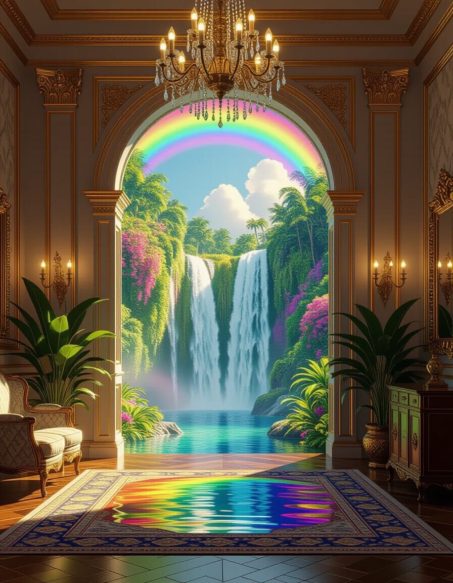 Opulent Room with Waterfall and Rainbow
