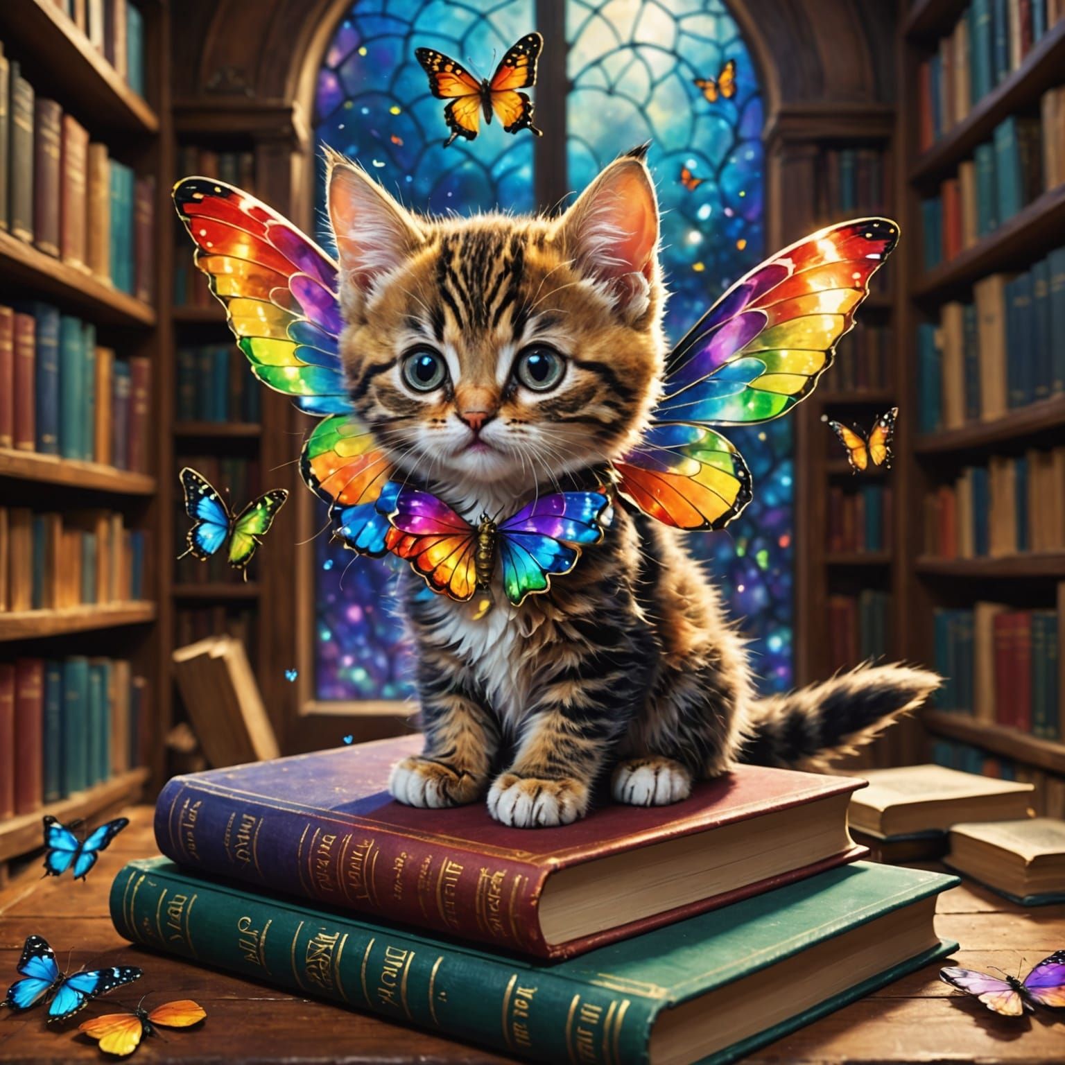 Rainbow Kitten Enchants Library with Vibrant Butterfly Wings
