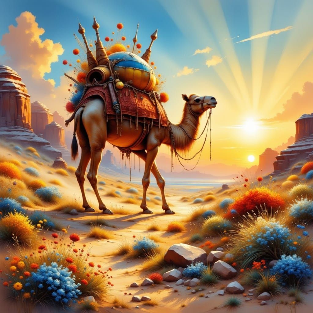 Regal Camel Carries a Majestic Castle in the Sunset Desert