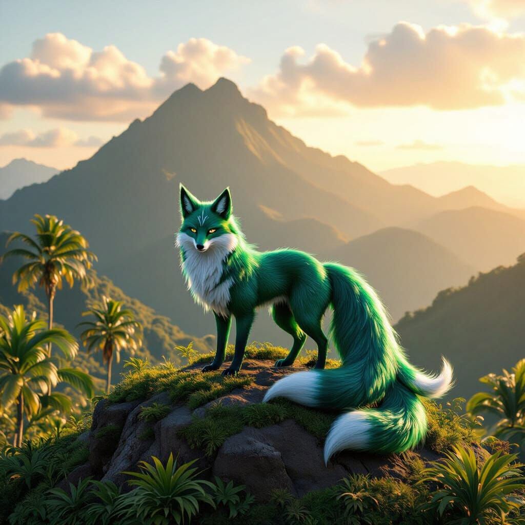 Photorealistic Green Kitsune with Seven Tails on Mountain Pe...