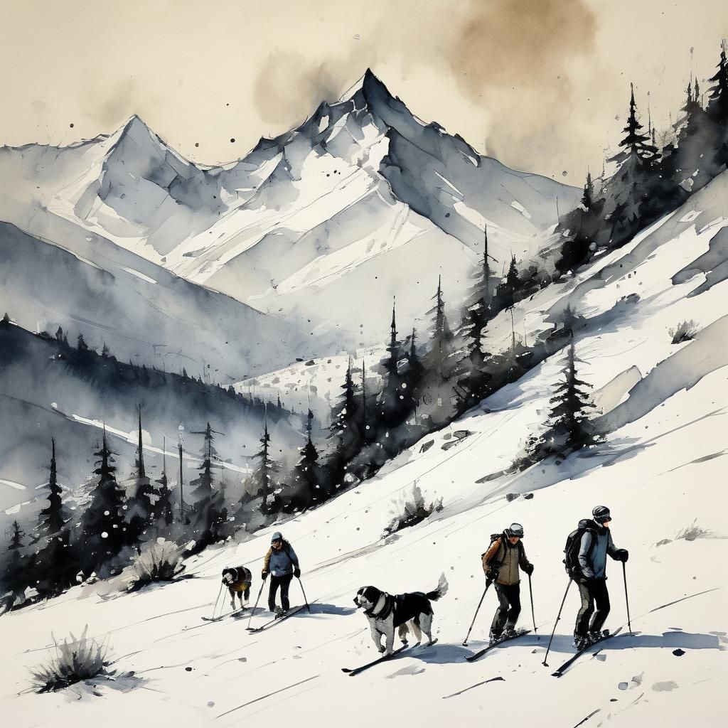 Skiers and St. Bernards in Snowy Ink Wash