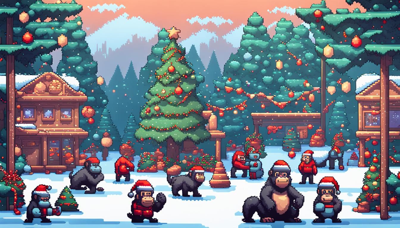 Festive 8-bit Christmas with Gorillas in Pixel Art