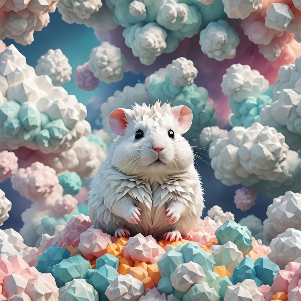 Cute Hamster Monster on Cloud in Low-Poly Art