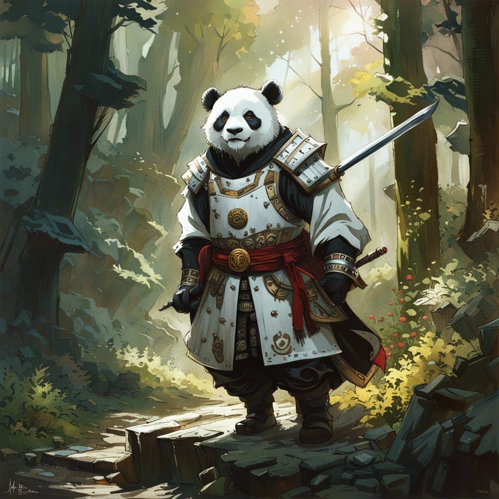 Panda Samurai Portrait in Forest, Matte Painting