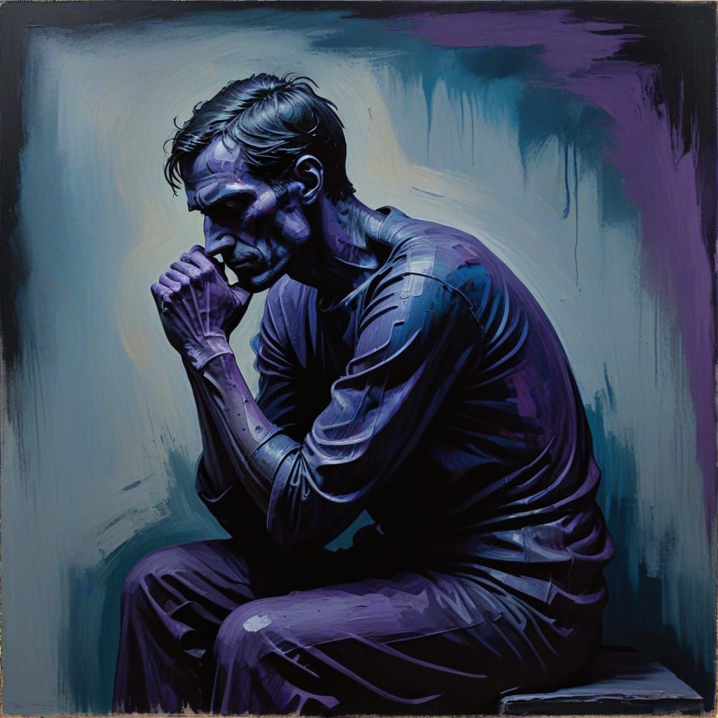 Melancholic Figure in Muted Blue Tempera