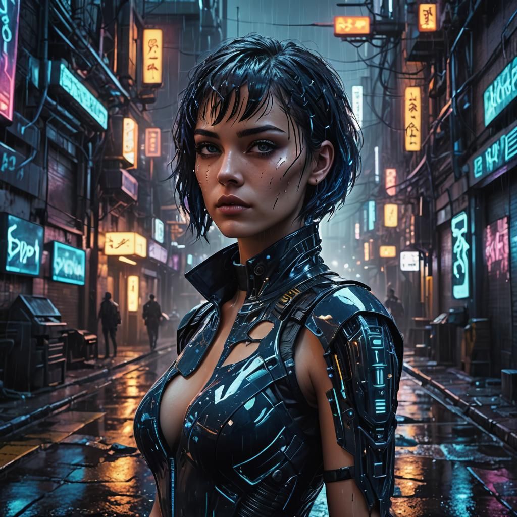 Cybergirl in Rainy NightCity Alleyway, Cyberpunk Digital Art