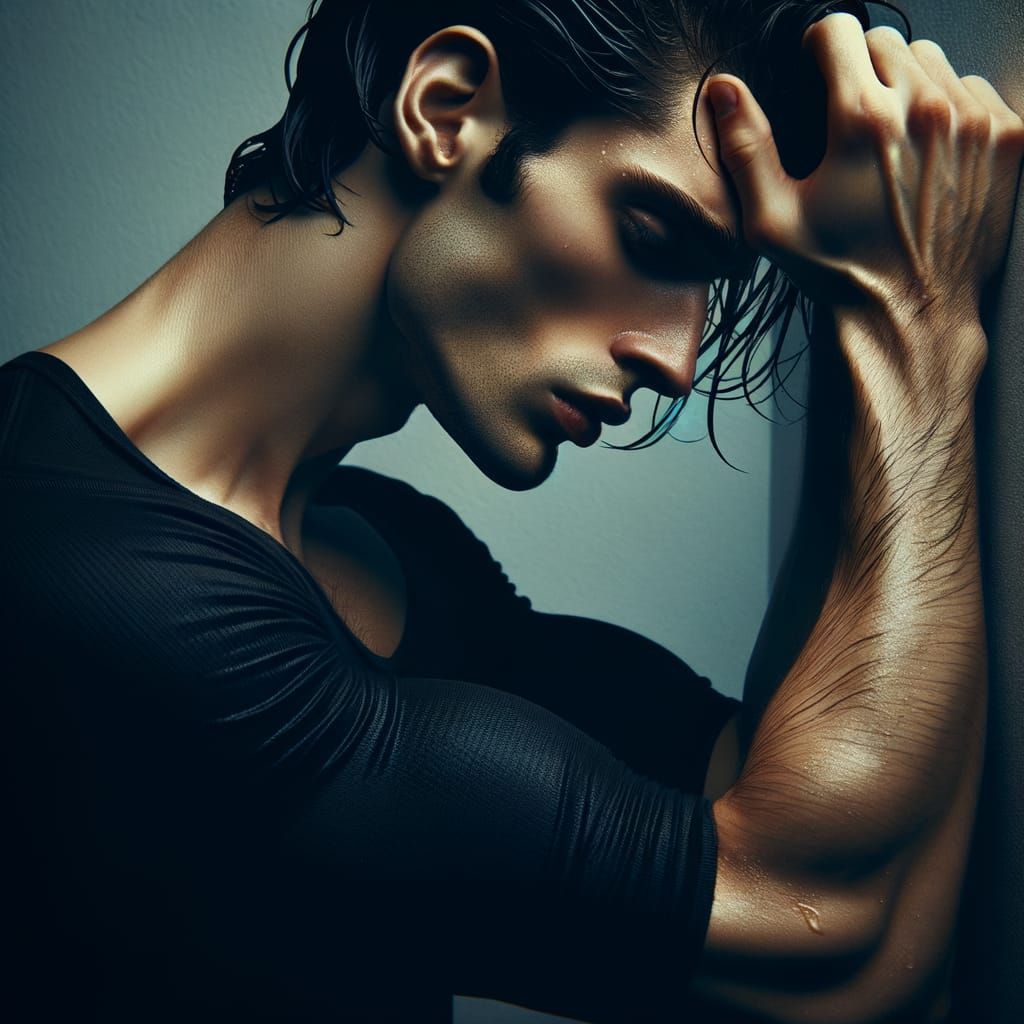 Brooding Vampire Man Leans in Shadowy Grief