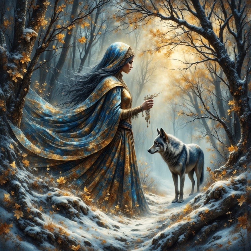 Ethereal Ice Aged Woman and Wolf in Forest Canopy