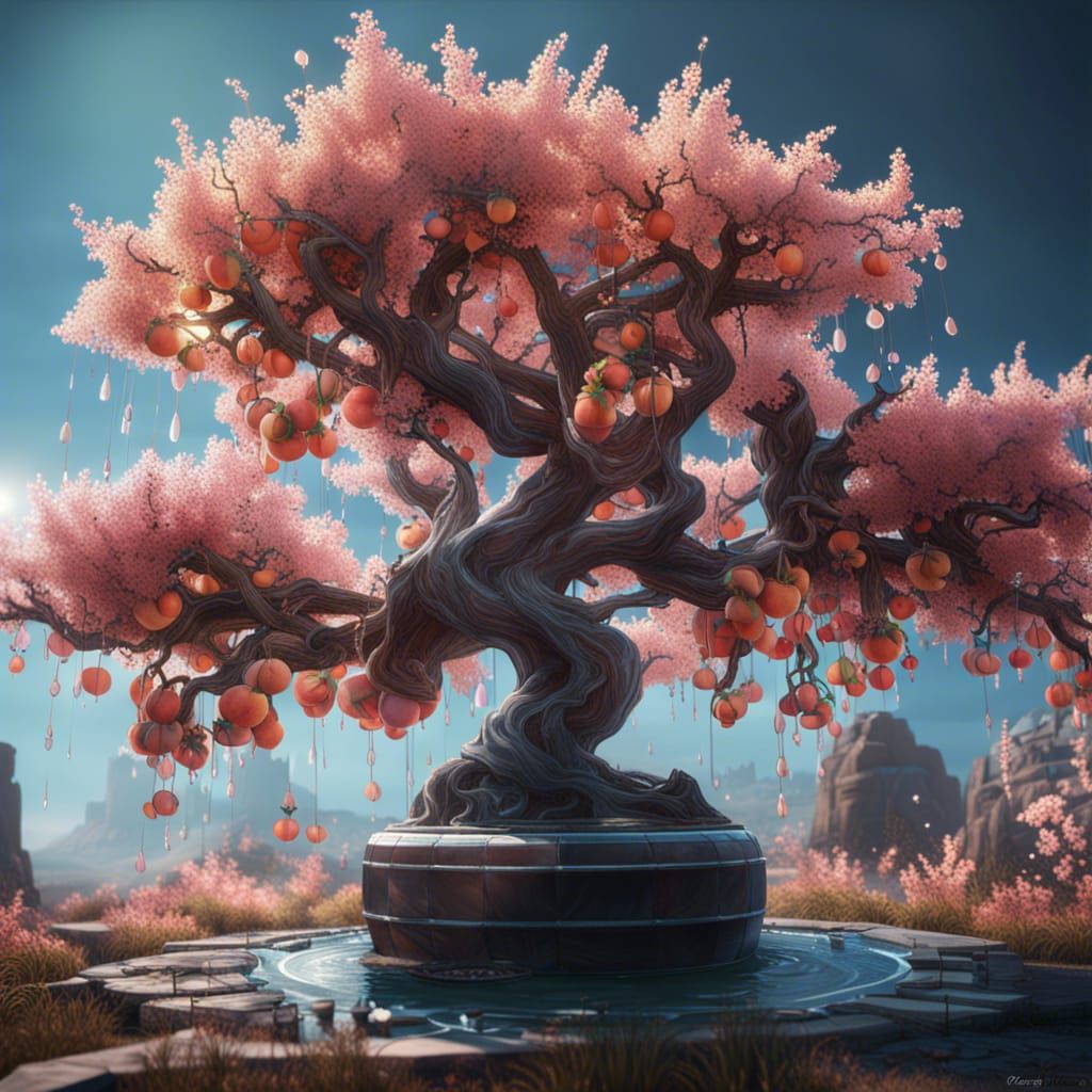 Fantastical Glass Peach Tree in Detailed Matte Painting