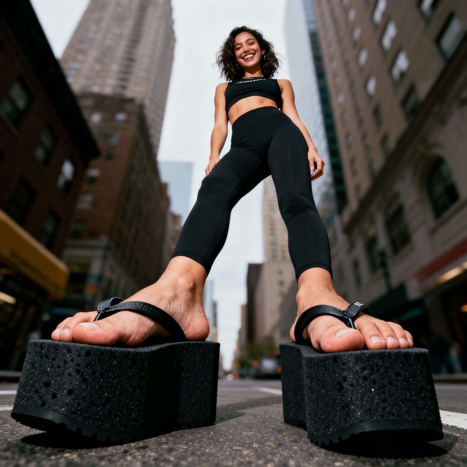 Woman with Big Feet in Platform Flip Flops on City Street