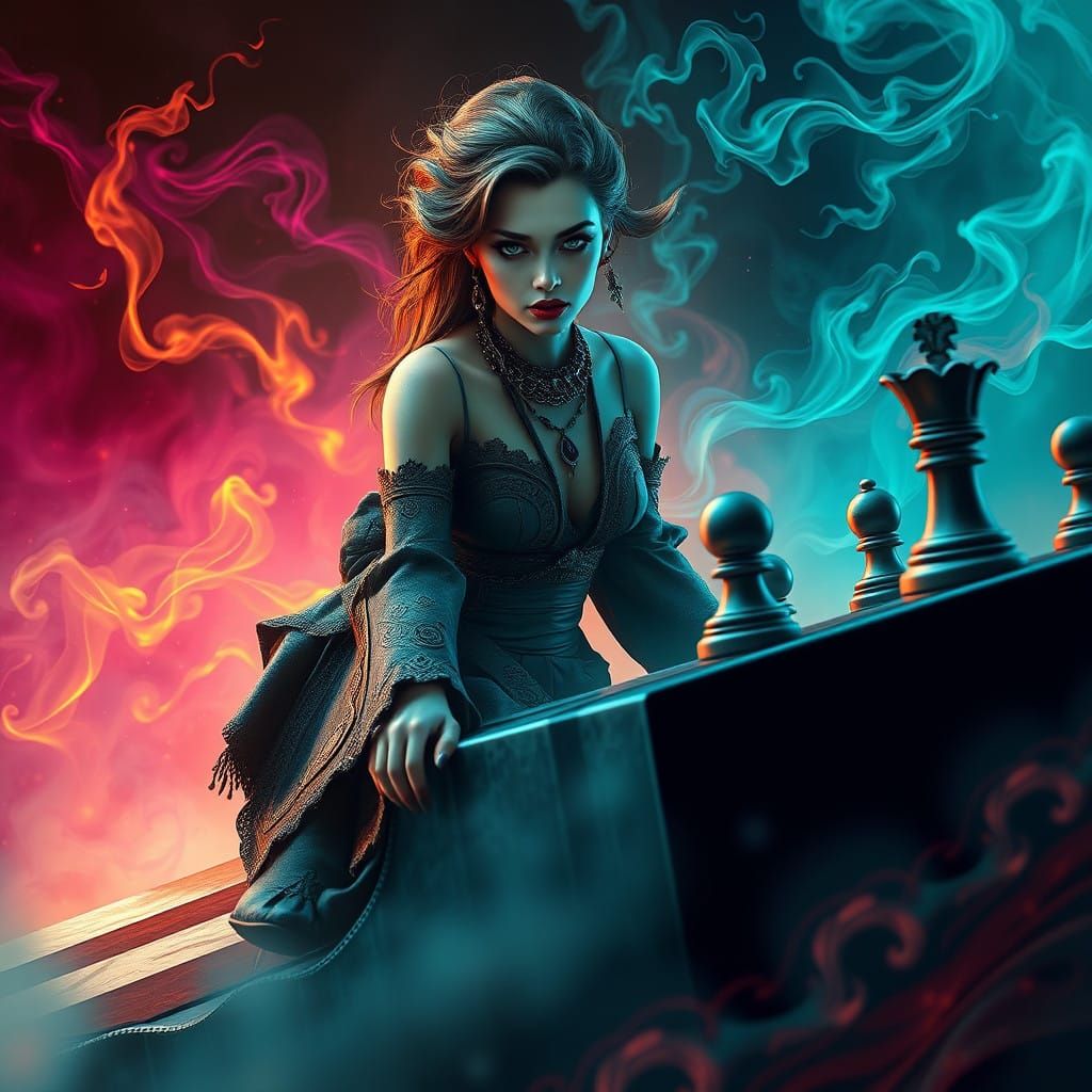 Whimsical Bohemian Enchantress on a Surreal Chessboard