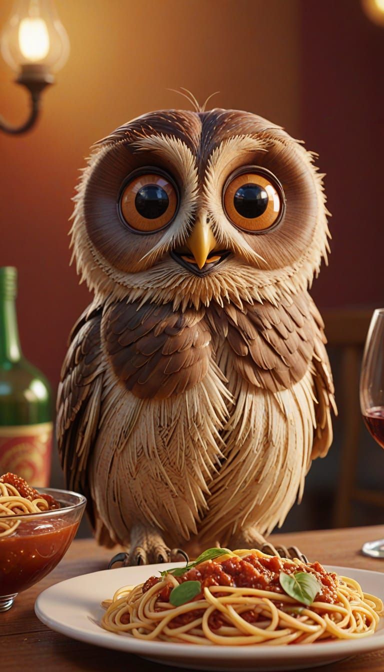 TENDER LITTLE SMILING OWL WITH A PLATE OF SPAGHETTI RAGU ON ...