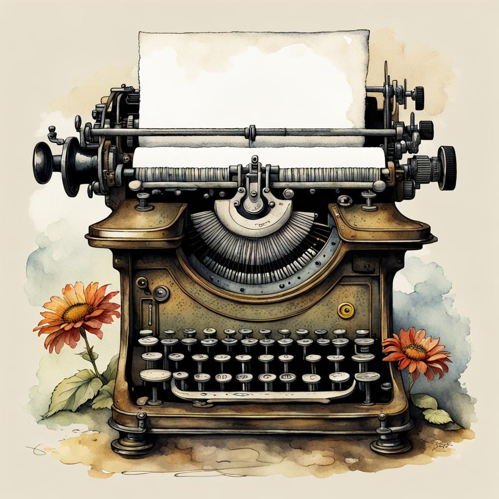 Fantasy Typewriter in Watercolor and Ink Illustration