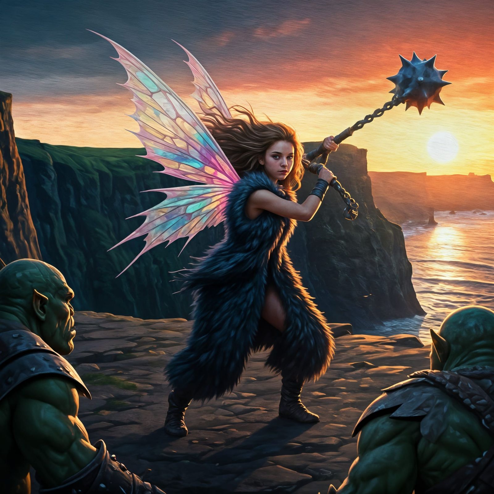 Fairy Warrior Battles Orcs on Cliffs of Moher