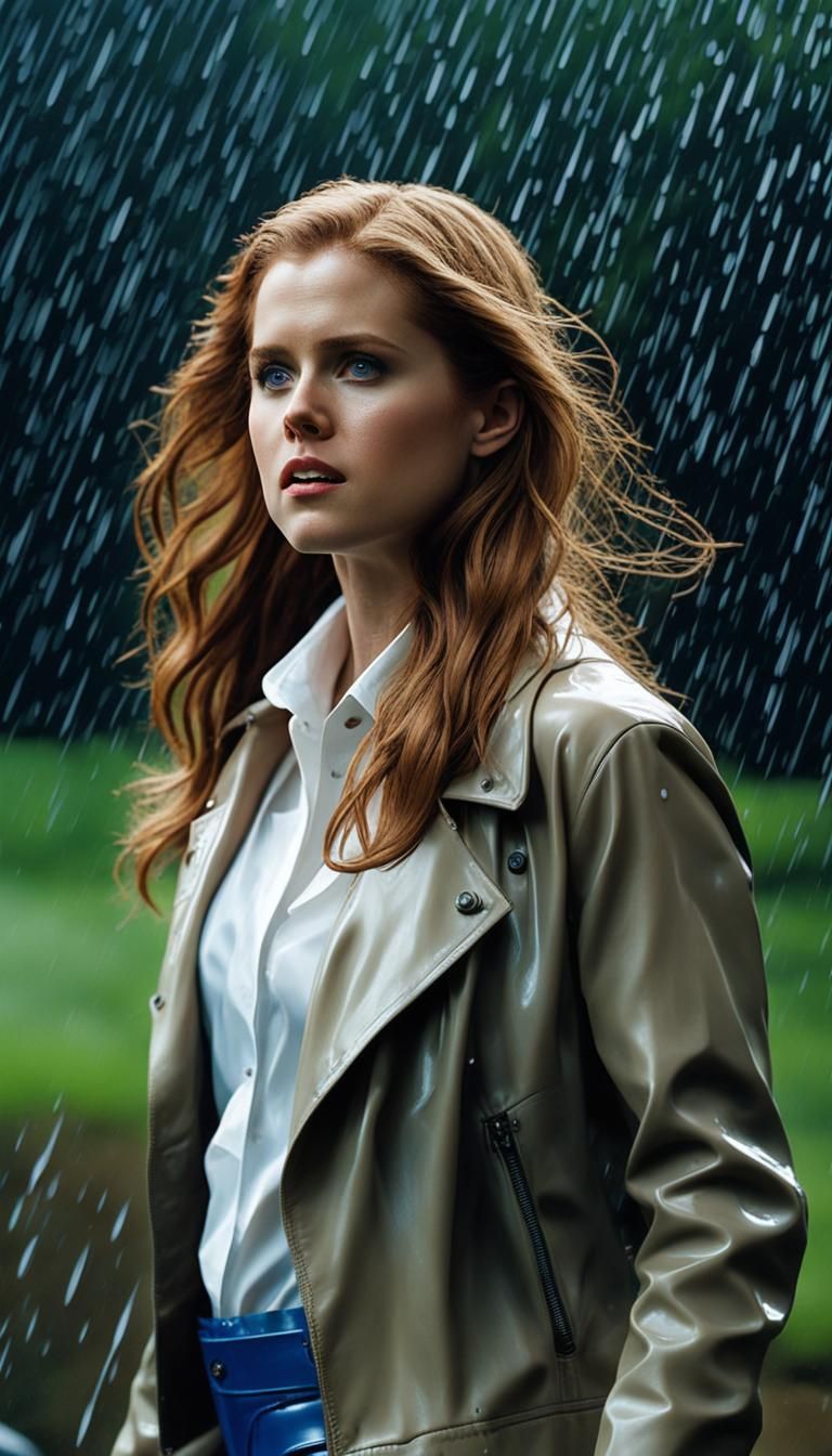 Amy Adams Portrait in Rain, Ultrarealistic Wet Look
