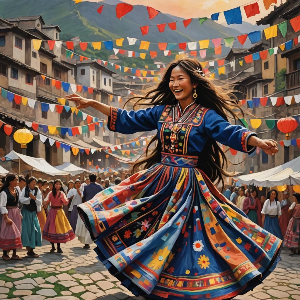 Ibetian Woman Dancing at Festival, Expressive Art Style