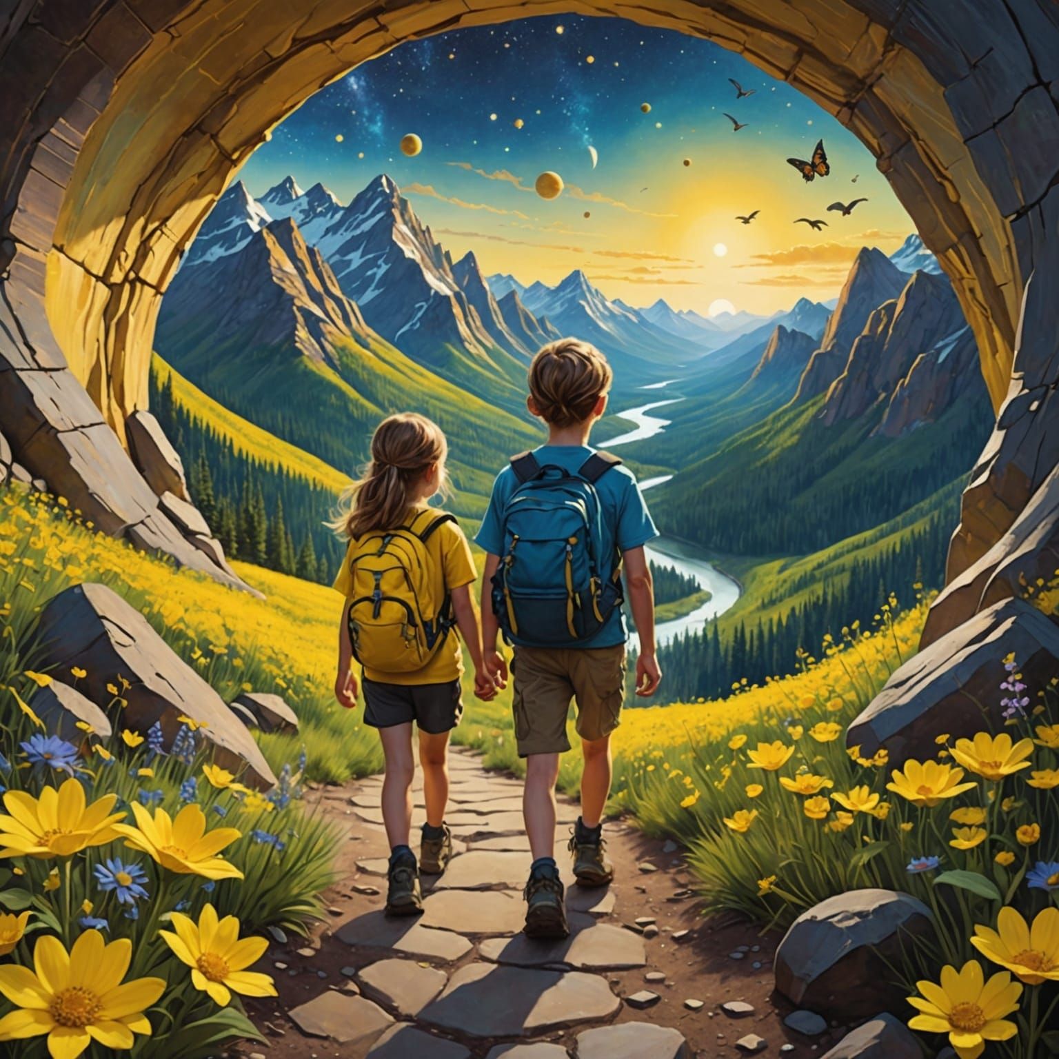 Children Hiking Through Yellow Fantasy World