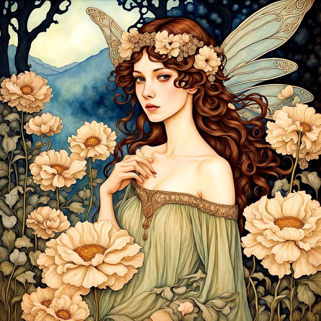 fantasy fairy countryside, flowers, mysterious, art nouveau,...