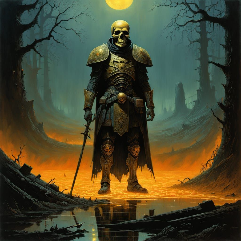 Dark Fantasy Warrior in Ornate Armor, Behind Blazing Shield