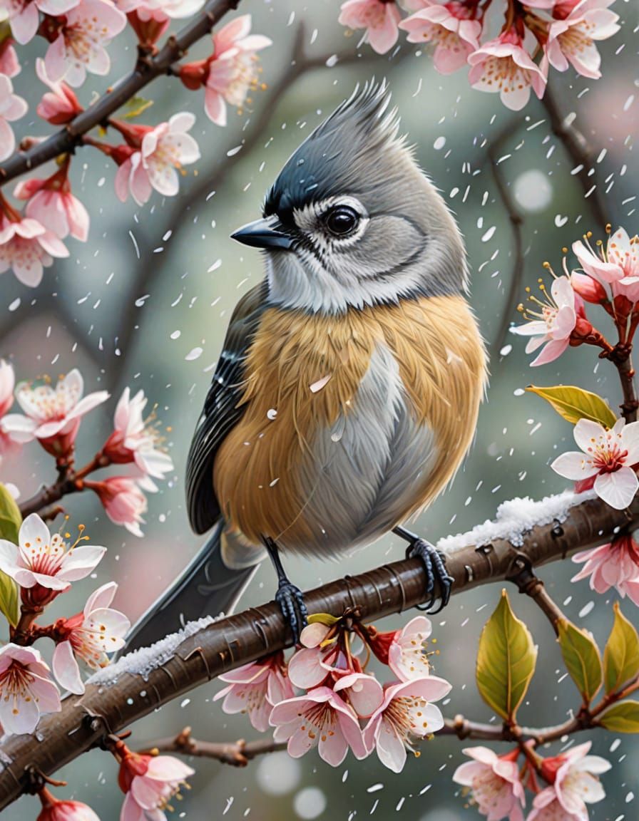 Titmouse on Cherry Blossom in Colored Pencil Style