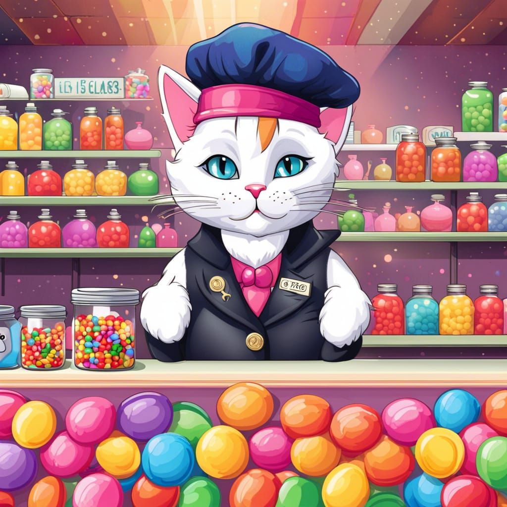 Anthropomorphic Cat in Candy Store Cartoon