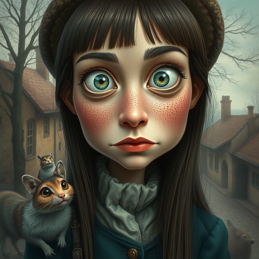 Surreal Woman with Captivating Eyes in Dreamlike Village