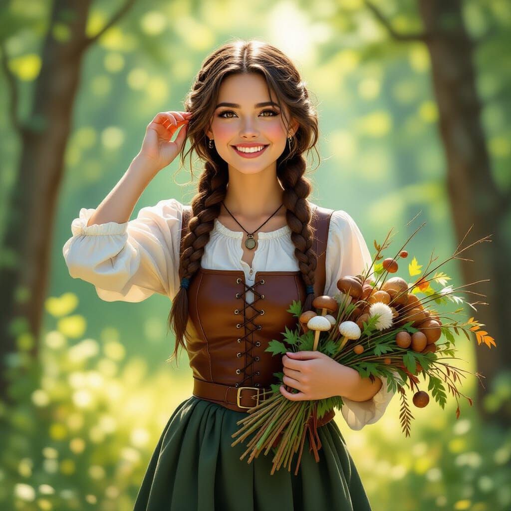 Woman Gathering Forest Treasures in Romantic Realism Style