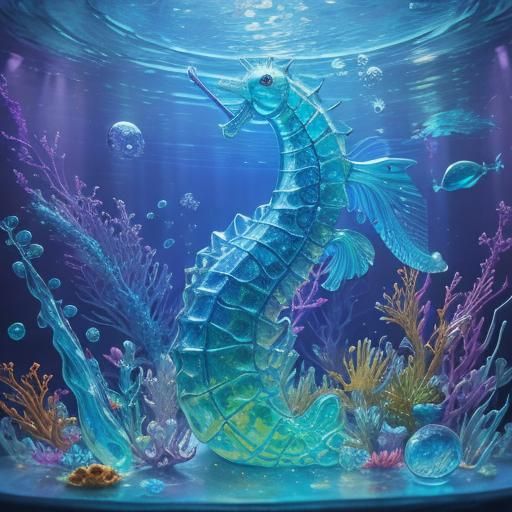 Seahorse Creatures Eat Pearls in Rainbow Vials: 3D Anime