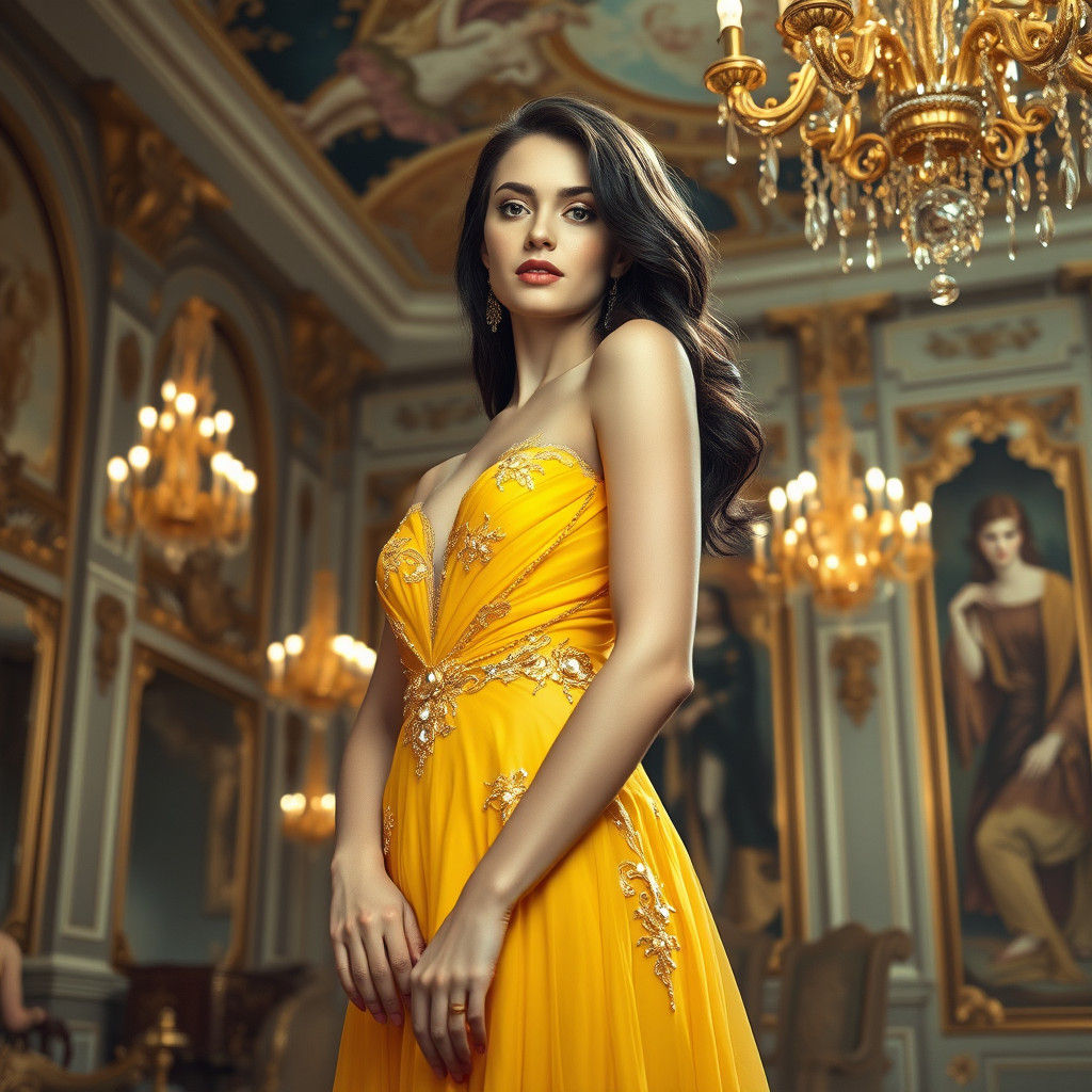 Elegant Woman in Yellow Gown, Art Nouveau Style
