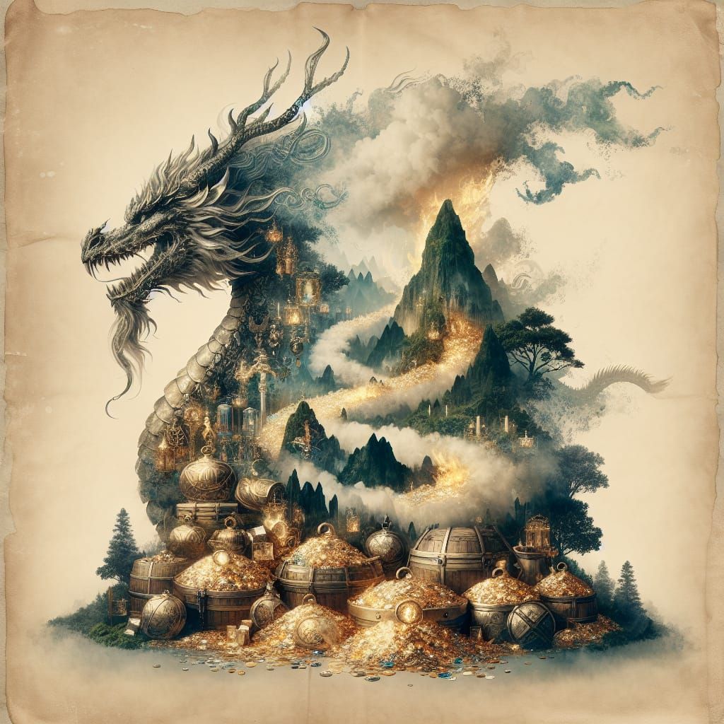 Mystical Dragon Portrait amidst Lavish Treasure Hoard in Ste...