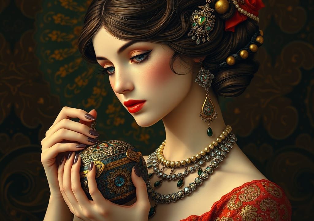 Woman with Jewel Box in Klimt-Inspired Art Nouveau Style