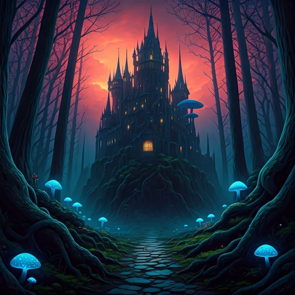 Gothic Castle in Mystical Forest at Night