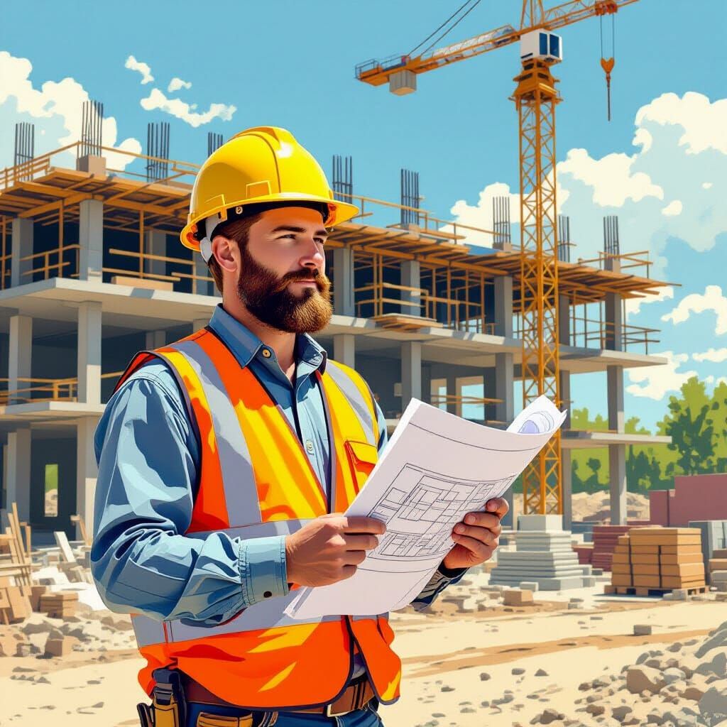 Children's Book Illustration: Construction Engineer with Blu...