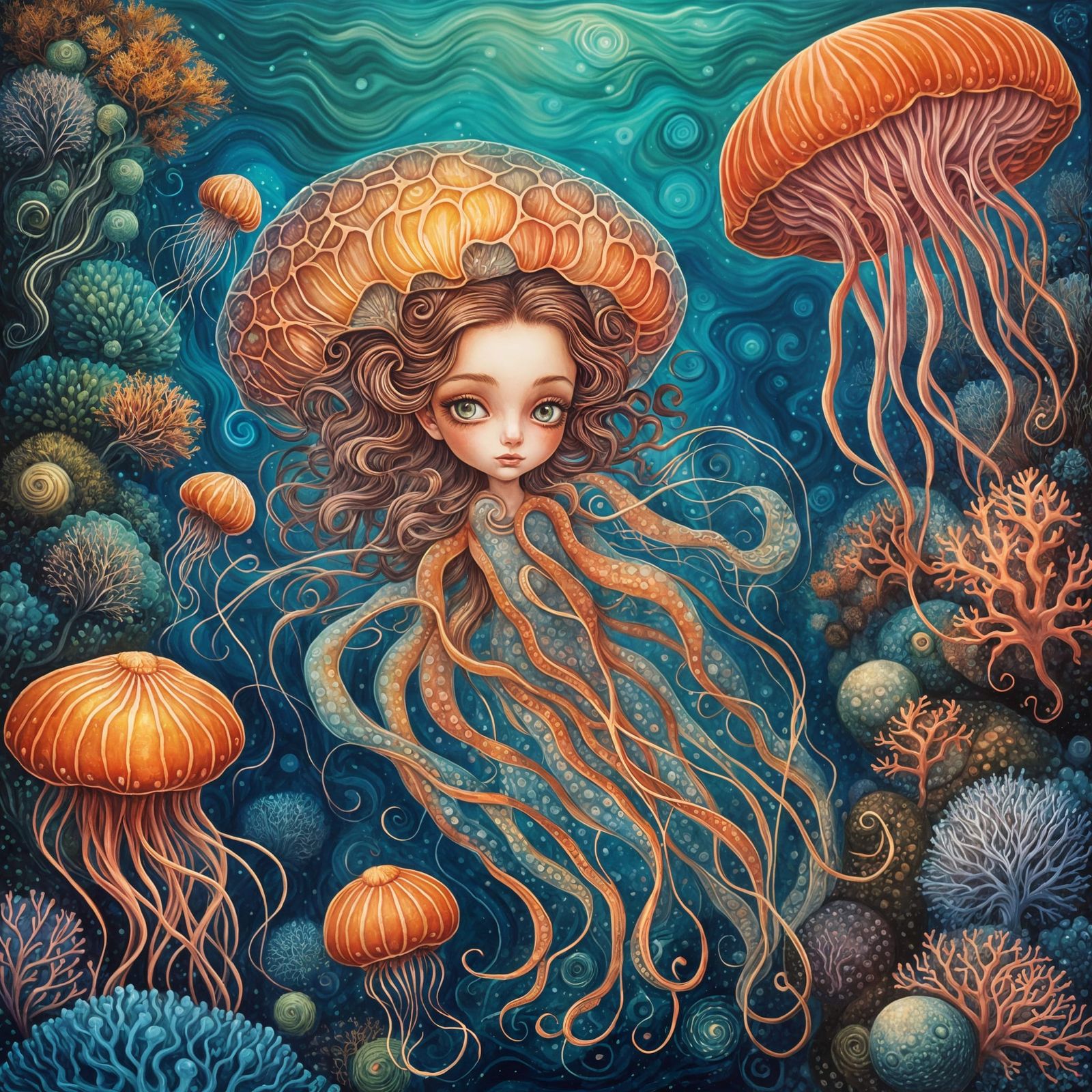 Jellyfish Woman in Underwater Garden, Alcohol Ink Art