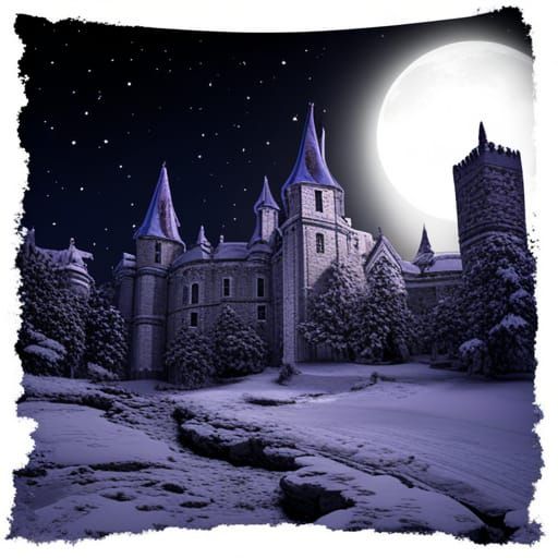 Snowy Winter Night Sky Castle Matte Painting