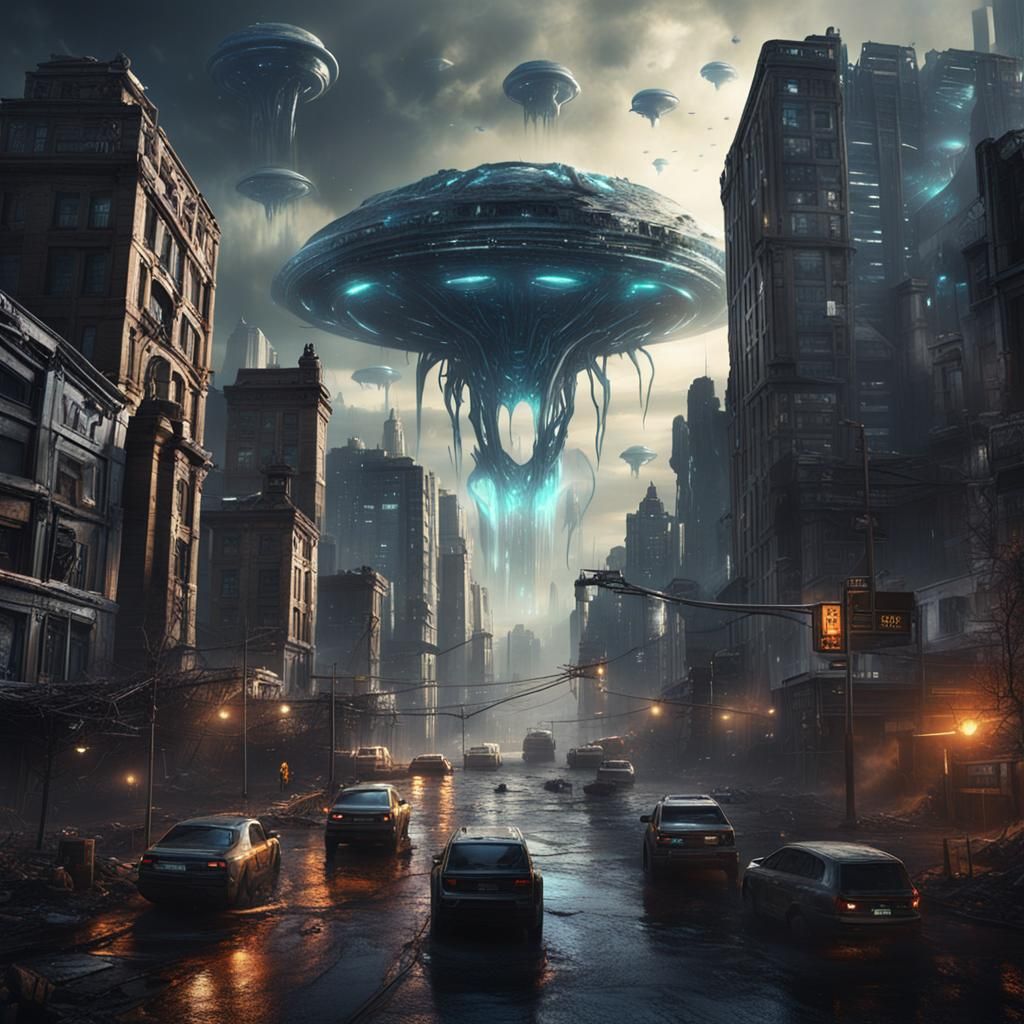 Ominous Alien Invasion Over City in Matte Painting Style