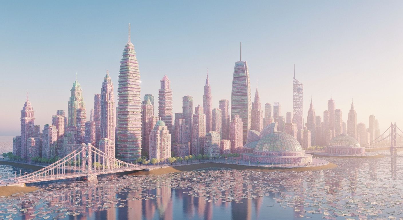 Pastel Sea-Glass City Skyline at Sunrise