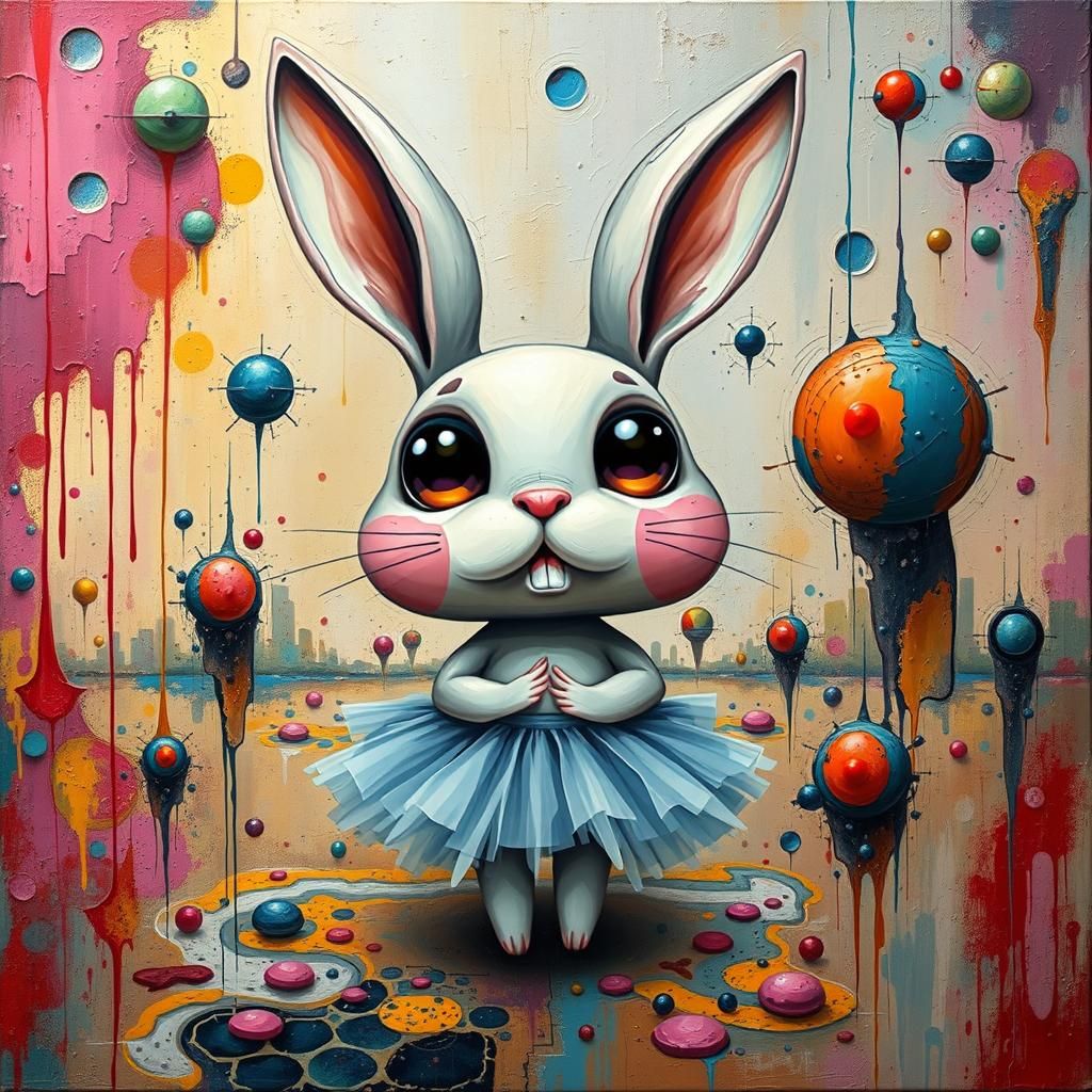 Chibi Bunny in Dystopian Art Deco Impasto Dreamscape