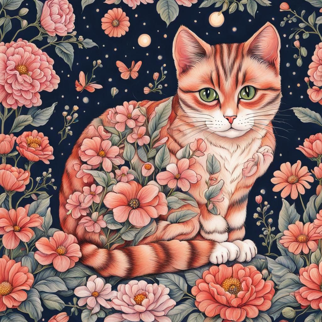 Stained Glass Cat Surrounded by Flowers and Hearts