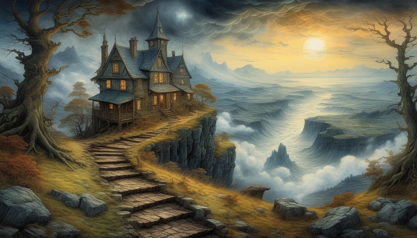 Dreamy Watercolor Fantasy: Winding Stone Path in the Sky