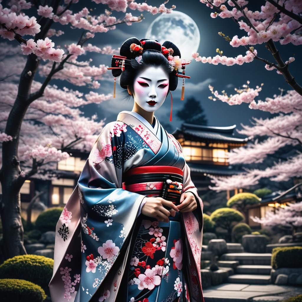 Cyber Geisha in Japanese Garden Under Moonlight