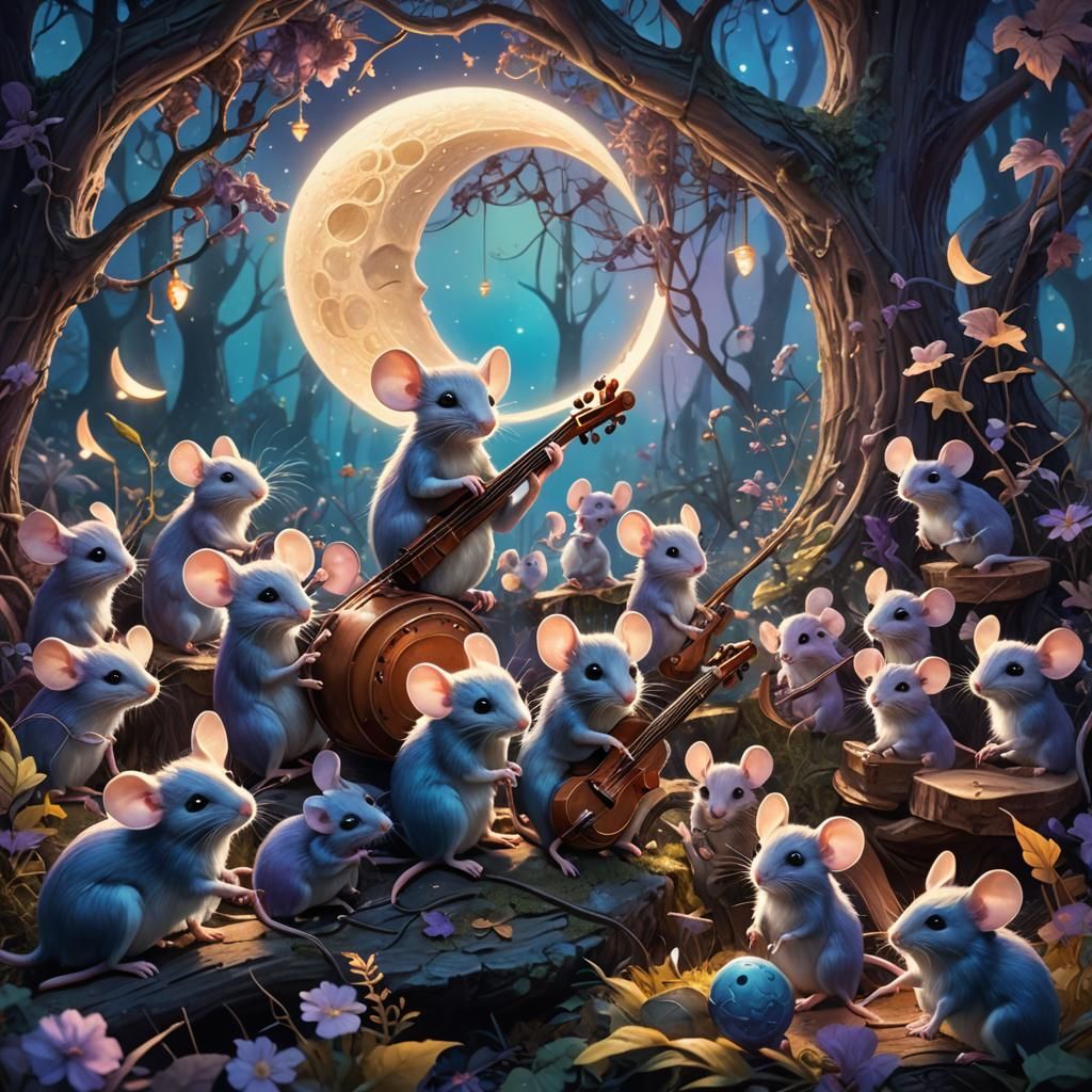 Magical Mice Musicians in Dreamlike Forest