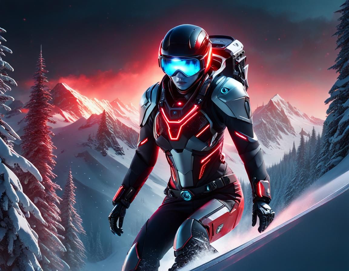Futuristic Cyborg Snowboarder in Cyberpunk Style